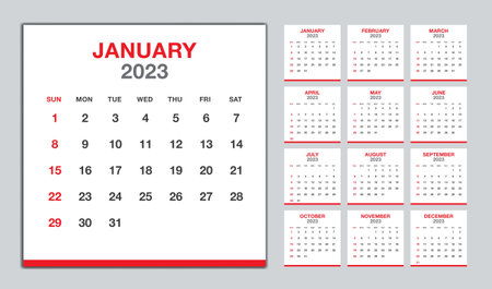 Calendar 2023 year red design, Monthly calendar template for 2023 year, Week Starts on sunday, Minimalist Wall calendar 2023 template, planner, Business template Vectorのイラスト素材