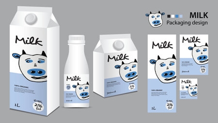 Milk package design, milk label design, Milk boxes set and bottle vector, box realistic 3d illustration, creative packaging template, product design, food banner, cute cow logo cartoon illustrationのイラスト素材