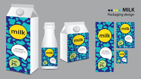 Milk package design, milk label design, Milk boxes set and bottle vector, box realistic 3d illustration, creative packaging template, product design, food banner, abstract modern graphic elementsのイラスト素材