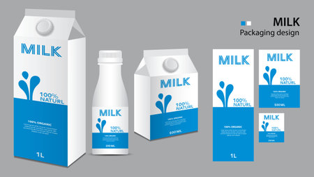 Milk package design, milk label design, Milk boxes set and bottle vector, box realistic 3d illustration, creative packaging template, product design, food banner, drop graphic elements vectorのイラスト素材
