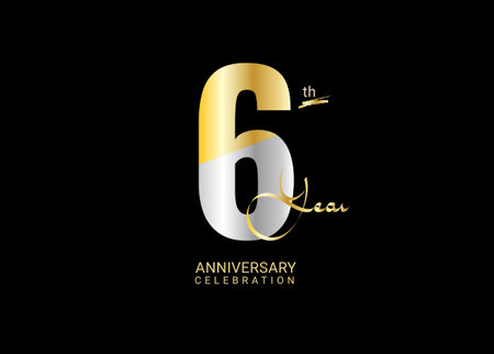 6 Years Anniversary Celebration gold and silver Vector Template, 6 number logo design, 6th Birthday Logo,  logotype Anniversary, Vector Anniversary For Celebration, poster, Invitation Cardのイラスト素材