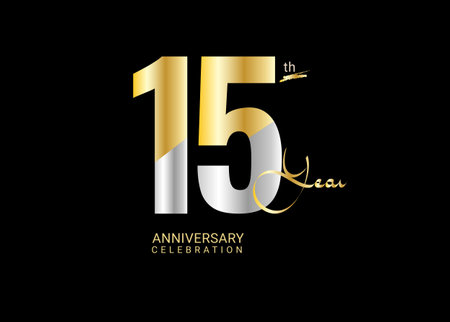 15 Years Anniversary Celebration gold and silver Vector Template, 15 number logo design, 15th Birthday Logo,  logotype Anniversary, Vector Anniversary For Celebration, poster, Invitation Cardのイラスト素材