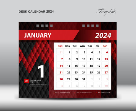 January 2024 year- Desk Calendar 2024 template vector, Week starts Sunday, Planner design, Stationery design, flyer design, wall calendar 2024 year design, printing media creative idea designのイラスト素材