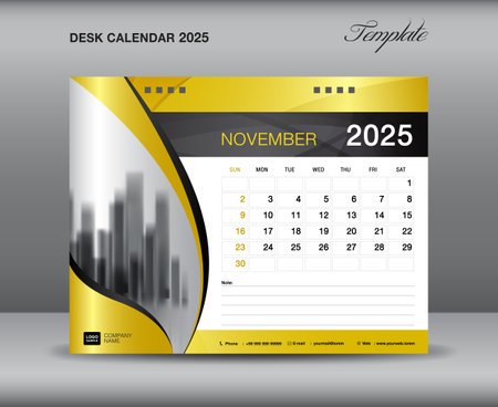 Calendar 2025 template gold concept, November 2025 template, Desk calendar 2025 year on gold backgrounds luxurious concept, Wall calendar design, planner, printing media, flyer, vectorのイラスト素材