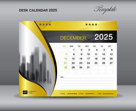 Calendar 2025 template gold concept, December 2025 template, Desk calendar 2025 year on gold backgrounds luxurious concept, Wall calendar design, planner, printing media, flyer, vectorのイラスト素材