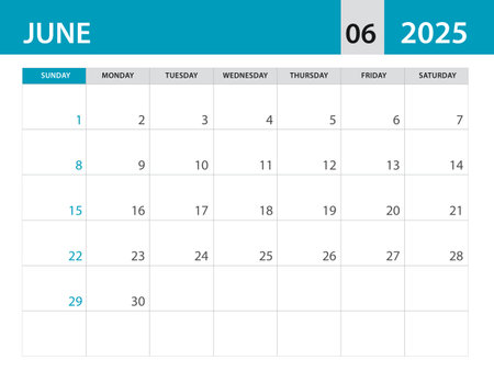 June 2025 template - Calendar 2025 template vector, planner monthly design, Desk calendar 2025, Wall calendar design, Minimal style, advertisement, poster, printing media, blue horizontal layoutのイラスト素材