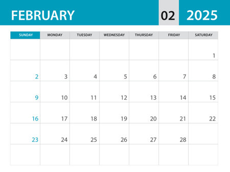 February 2025 template - Calendar 2025 template vector, planner monthly design, Desk calendar 2025, Wall calendar design, Minimal style, advertisement, poster, printing media, blue horizontal layoutのイラスト素材