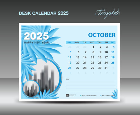 Calendar 2025 design- October 2025 template, Desk Calendar 2025 template blue flowers nature concept, planner, Wall calendar creative idea, advertisement, printing template, vector eps10のイラスト素材
