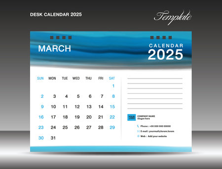 Desk calender 2025 - March 2025 template, Calendar 2025 design template, planner, simple, Wall calendar design, week starts on sunday, printing, advertiement, Blue watercolor background, vectorのイラスト素材