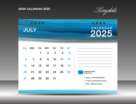 Desk calender 2025 - July 2025 template, Calendar 2025 design template, planner, simple, Wall calendar design, week starts on sunday, printing, advertiement, Blue watercolor background, vectorのイラスト素材