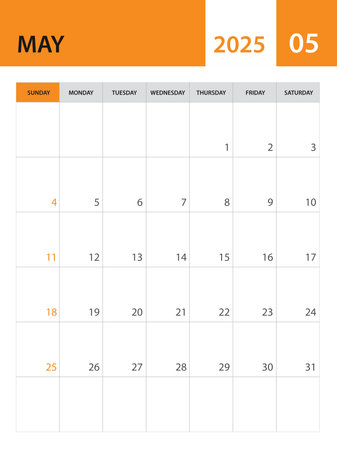 May 2025 template, Calendar 2025 template vector, planner monthly design, desk calendar 2025, wall calendar design, minimal style, advertisement, poster, orange printing media, simple vectorのイラスト素材