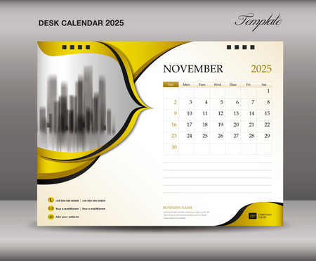 Calendar 2025 template on gold backgrounds luxurious concept, November 2025 template, Desk calendar 2025 design, Wall calendar template, planner, printing media, advertisement, vectorのイラスト素材