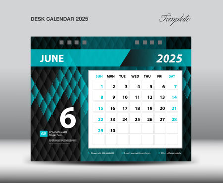 Desk Calendar 2025 template vector, June 2025 year, Week starts Sunday, Planner design, Stationery design, flyer design, wall calendar 2025 year design, printing media creative idea designのイラスト素材