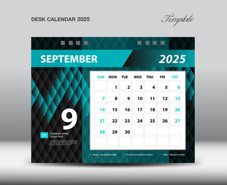Desk Calendar 2025 template vector, September 2025 year, Week starts Sunday, Planner design, Stationery design, flyer design, wall calendar 2025 year design, printing media creative idea designのイラスト素材