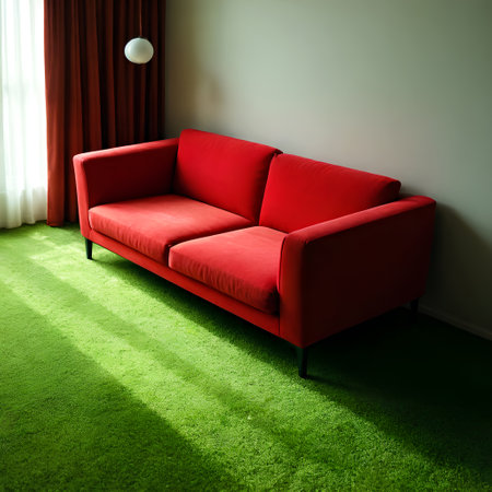 Modern red sofa on grass in living room, modern interior design, minimalist styleの素材
