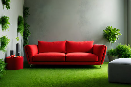Modern red sofa on green grass in living room, modern interior design, minimalist styleの素材