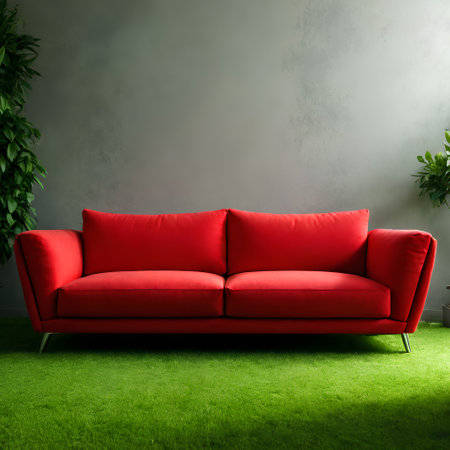 Modern red sofa on grass in living room, modern interior design, minimalist styleの素材