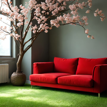 Modern red sofa on green grass under cherry blossom, modern interior design, minimalist style, comfortableの素材