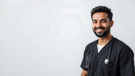 Portrait of smiling male nurse with stethoscope in black uniform standing on white background. healthcare, medical professional, physician, hospital, clinic, medical care. banner template. copy spaceの素材