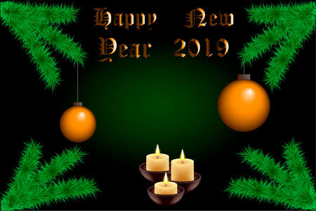 Christmas card with text fields, fir branches and Golden balls, candles and gold textのイラスト素材