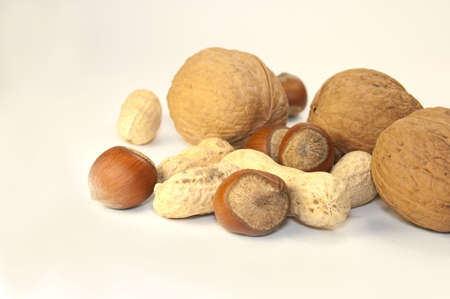 many nuts isolated on whiteの写真素材