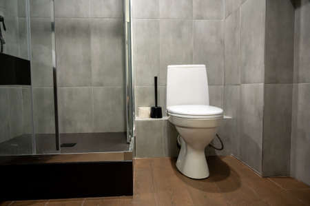 Toilet in the bathroom next to the shower stall in a fresh design interiorの写真素材
