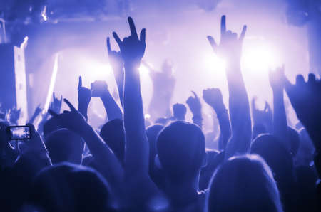 silhouettes of concert crowd in front of bright stage lights