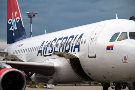 Rostov-on-Don, Russia, Platov airport - June 4, 2021: Air Serbia plane lands on the runway of Platov...