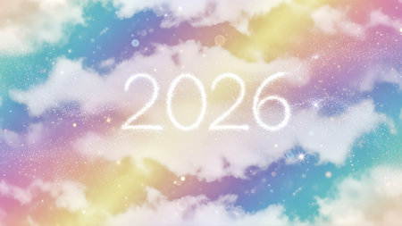 A whimsical image featuring the year 2026 surrounded by soft, pastel-colored clouds, perfect for New...