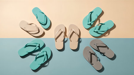 A vibrant arrangement of flip flops in various colors, set against a contrasting two-tone background, creating a summery and playful vibe.の写真素材