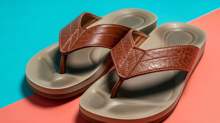 A pair of brown leather flip-flops are displayed on a vibrant background, perfect for summer or beach-themed designs.の写真素材