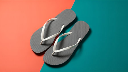 A pair of gray flip flops with white straps are placed on a vibrant background split between coral and teal, perfect for summer.の写真素材