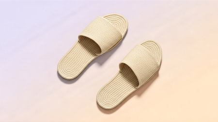 A pair of simple, beige slippers are displayed on a soft gradient background, evoking a sense of comfort and relaxation.の写真素材