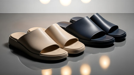 A minimalist studio shot showcasing leather slide sandals in neutral and dark tones, perfect for fashion and lifestyle content.の写真素材