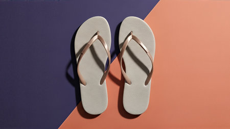 A pair of minimalist flip flops are placed on a contrasting background, perfect for summer, beach, or vacation concepts. The simple design and color scheme create a clean and modern aesthetic.の写真素材