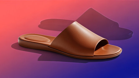 A stylish brown leather slide sandal is showcased against a vibrant gradient background, perfect for fashion and lifestyle content.の写真素材