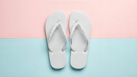 A pair of white flip flops are neatly arranged on a split pastel background of pink and blue, perfect for summer.の写真素材