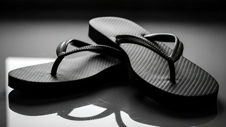 A black and white photograph showcasing a pair of flip-flops, emphasizing their simple design and the reflective surface beneath them.の写真素材