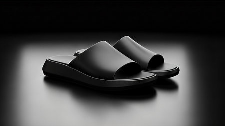 A pair of sleek black slides, perfect for casual wear and providing modern comfort with their minimalist design. Ideal for everyday use.の写真素材