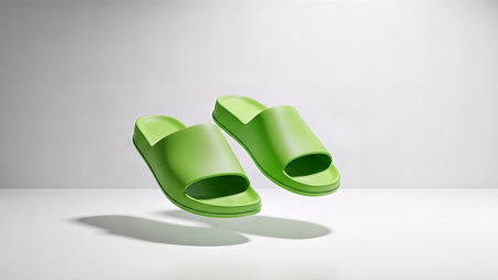 A pair of green slides float above a white surface, casting soft shadows in a minimalist studio setting.の写真素材