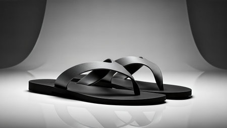A close-up studio shot of a pair of minimalist black flip-flops, elegantly placed on a clean white surface, showcasing simplicity and modern design.の写真素材
