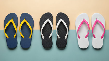 Overhead shot of three pairs of flip flops in different colors on a split-tone background, perfect for summer vacation themes.の写真素材