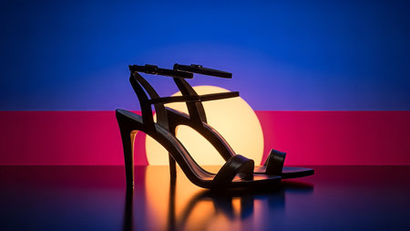 A pair of sleek black high heel sandals are showcased against a vibrant backdrop of blue, red, and a soft, glowing light, creating a striking contrast.の写真素材