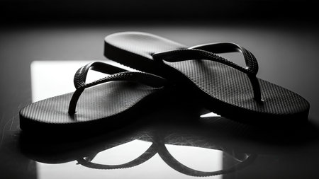 A black and white still life featuring a pair of flip-flops resting on a reflective surface, emphasizing minimalist design and casual footwear.の写真素材