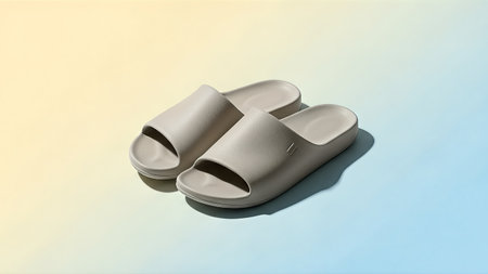 A pair of minimalist gray slides are displayed on a gradient background, showcasing comfort and modern style. Perfect for lifestyle and fashion content.の写真素材