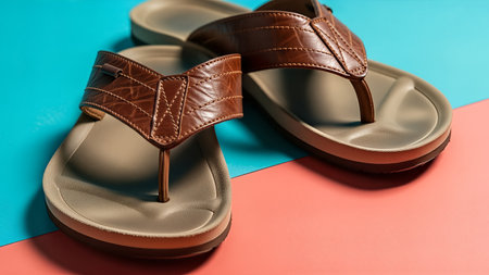 A pair of brown leather flip-flops are displayed on a vibrant background of blue and pink, showcasing their design and texture.の写真素材