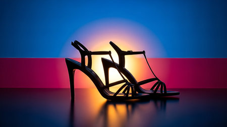 A pair of stylish black high heels are silhouetted against a colorful backdrop, creating a striking and fashionable image.の写真素材