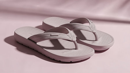 A pair of stylish pink flip-flops are displayed on a matching pink surface, casting soft shadows.の写真素材