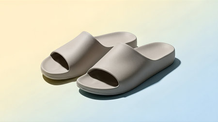 A pair of minimalist beige slides, perfect for casual wear, offering comfort and style for everyday use. Ideal for indoor and outdoor activities.の写真素材