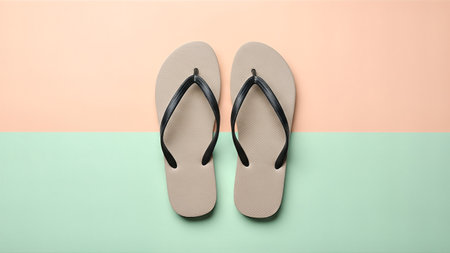 A pair of flip flops on a pastel background, perfect for summer promotions and beach-themed designs.の写真素材